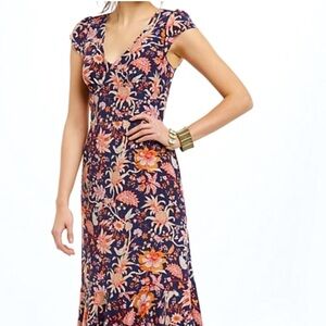 Anthropologie Floral Evening Dress- Navy/Orange